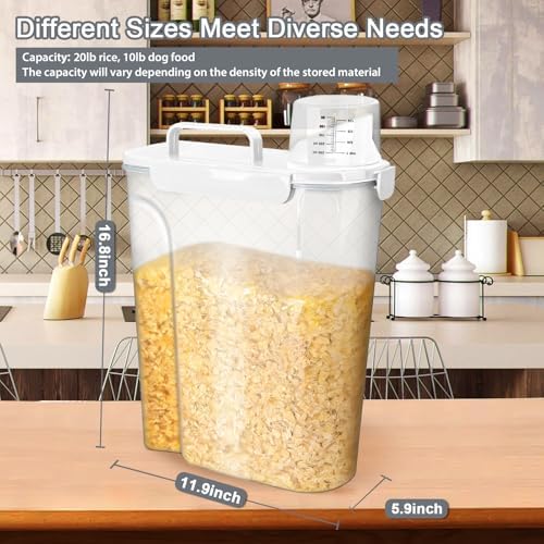 Komzon Rice Storage Containers 20lb, Airtight Cereal Containers Storage, with Pouring Spout Portable Handle for Flour, Pasta, Grain and Baking, Pet Dog Cat Bird Food Container White - Image 6