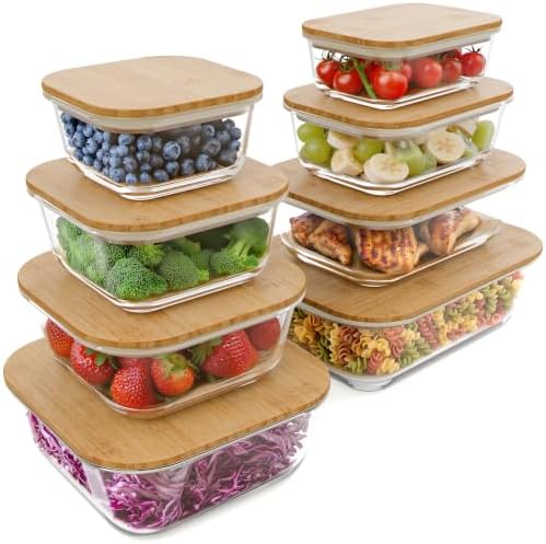 Verel Glass Food Storage Containers with Bamboo Lids (Assorted Sizes, 8 Pack) Eco Friendly Meal Prep Containers Airtight – Plastic Free, BPA Free by Verel