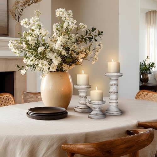 Candle Holder for Pillar Candle Set of 3, Farmhouse Wood Candle Holder, Rustic Wooden Candle Stand, Vintage Tall Candle Stand Decorative for Living Room, Table Centerpiece,White - Image 5