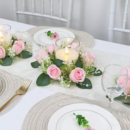 Pink Rose Candle Rings with Flameless Candles Sets - 12PCS Artificial Flower Eucalyptus Wedding Centerpiece 3 Inch Pillar Candleholders Wreaths for Wedding Party Decor (Pink - 6 Sets) - Image 5