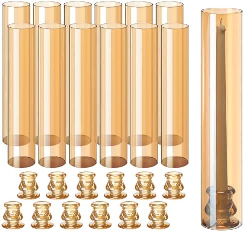 Teenyyou 12 Set Glass Hurricane Candle Holders Candlestick Bulk 12.6",Amber by Teenyyou