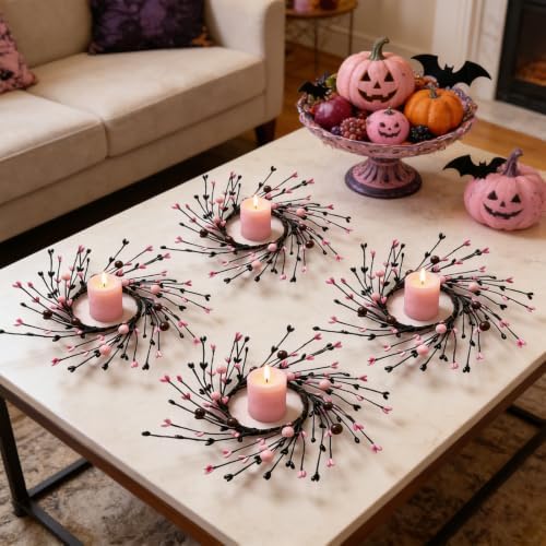 4 Pcs Pink Halloween Mini Candle Ring Wreaths Black Twig & Pink Buds with Bead Accents Artificial Pillar Candle Holder Wreath for Spooky Cute Gothic Home Cabinet Table Porch Decoration - Image 5