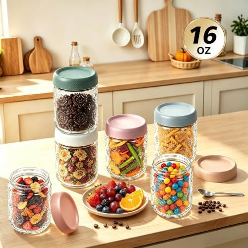 6 PCS 16 oz Overnight Oats Containers with Lids, Glass jars with Airtight Lids,Wide mouth Mason Salad jars, Glass Food Storage Containers for Snacks Yogurt Spice Sugar Yogurt, Oatmeal, Salad, Spices - Image 2