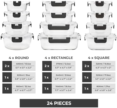 Freshware Glass Storage Containers with Lids, 24 Pieces, 12 Containers with 12 Lids, Glass Meal Prep Container for Lunch, Food Storage Containers, Leak Proof, Freezer Safe, Grey - Image 2