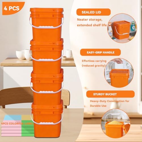 Food Storage Buckets with Lids - 4 Set Square Clear Plastic Containers, Airtight Pressure Seal & Handle for Kitchen Freezer Prep (Orange, 1 gal) - Image 4