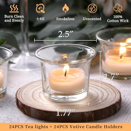 LETINE 24pcs Clear Tealight Candle Holder & 24pcs White, Smokeless, Unscented Soy Wax Tea Candles - Votive Candle Holders, Tea Lights Candles for for Spring Decorations,Weddings Decor - Image 2