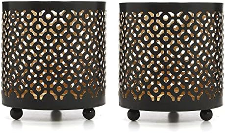 Hosley Set of 2 Black (Gold Inside) Metal Jar Holder Candle Sleeve 4.5" High. Votive, Tea Light Lanterns Ideal Gift for Weddings, Parties, Spa and Aromatherapy O6 by HOSLEY