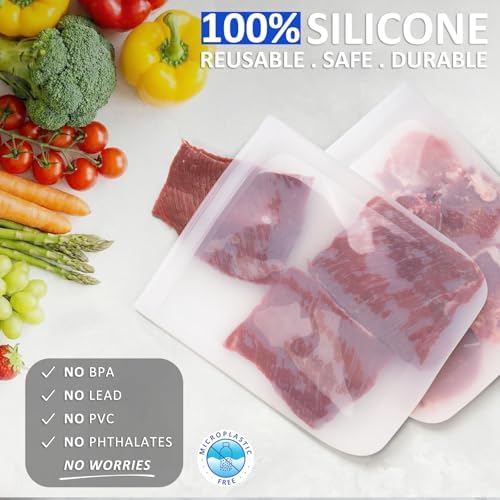 100% Silicone Flat Gallon Freezer Bags, 4 Pack Extra Large Reusable Silicone Ziplock Bags Gallon Size for Freezer, Double Zipper Seal, BPA & Microplastic Free, Freezer Microwave Sous Vide Safe, Clear - Image 2