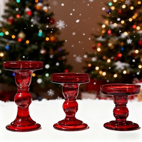 Red Glass Candle Holders 3 Pack Clear Candlestick Stand Table Centerpieces - Image 5