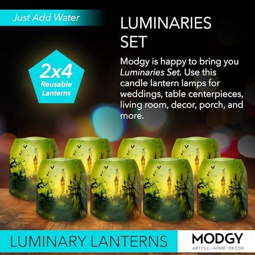 MODGY Luminary Lanterns Candle Holder Decorative Indoor Outdoor Decor, Lanterns for Wedding Centerpiece Decoration Outside Patio, with Flameless Floating LED Candles, Frankencastle Pack of 2 - Image 2