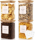 4 Pack Square Glass Pantry Storage Containers with 132 Kitchen Food Pantry Labels - 34 floz Clear Glass Pantry Jars with Airtight Wood Bamboo Lids - Glass Canisters for Tea, Cereal, Coffee, Spice by CZDYSM
