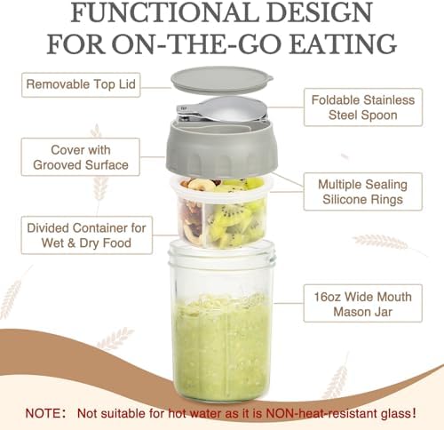SOLIGT 4 Pack Overnight Oats Containers with Lids, Folding Spoons and Divided Compartments for Fruit & Nuts, Small Glass 16oz Mason Jars for Oatmeal Yogurt Parfait - Image 3
