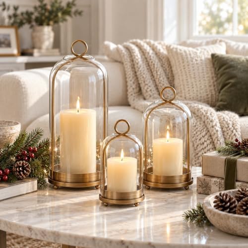 Hurricane Glass Candle Holders Set of 3, Gold Candle Lanterns with Hooks - Image 3