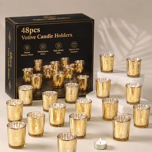 LETINE 48pcs Gold Votive Candle Holders – Glass Tea Light Candles Holder, Standard Votive Size for Regular Votive Candles – Bulk Candle Holder for Party Decorations, Bridal Shower, Holiday Decor by LETINE