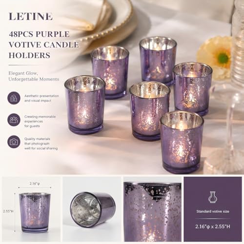 LETINE 48pcs Purple Votive Candle Holders – Glass Tea Light Candles Holder, Standard Votive Size for Regular Votive Candles– Bulk Candle Holder for Party Decoration, Bridal Shower, Home Decor - Image 2