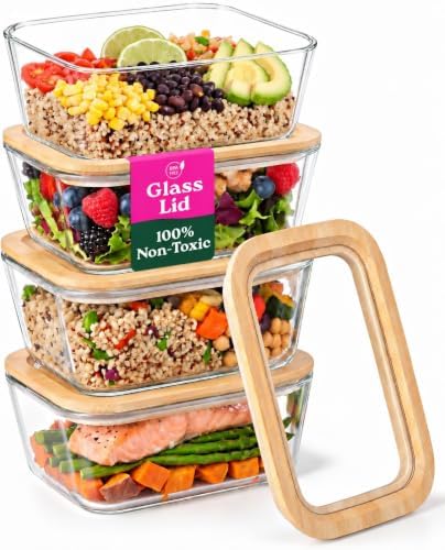 4-Pack Glass Food Storage Containers with Clear-Top Bamboo Lids – Plastic Free 46.7 Oz Glass Meal Prep Containers for Lunch, Eco Friendly Airtight Food Storage, Microwave & Oven Safe (46.7 Fl Oz) by Unknown
