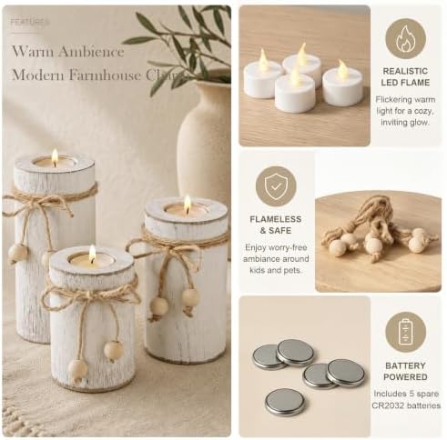 White Wooden Candle Holder with Flameless LED Candles Modern Boho Decor 3p - Image 4