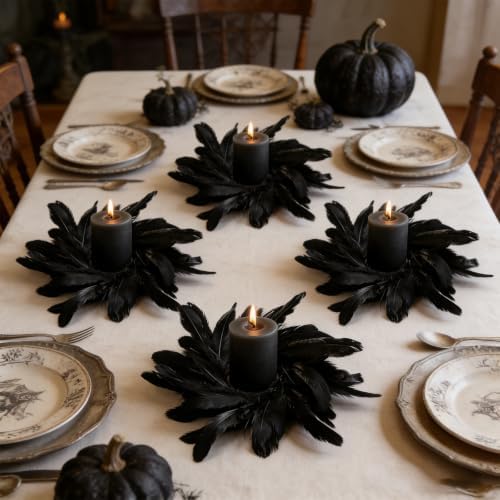 4 Pcs Black Crow Feather Halloween Mini Candle Ring Wreaths Gothic Black Feather Artificial Pillar Candle Holder Wreath for Spooky Dark Home Cabinet Table Porch Decoration - Image 5
