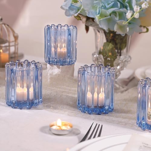 HAVITI Glass Blue Votive Candle Holder, Ribbed Votive Candle Holders Set of 12, Tealight Candle Holder for Wedding Centerpieces Dinner Party Table Decor - Image 5