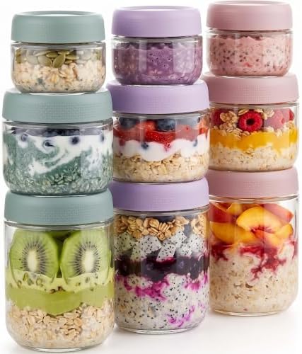 Airtight Glass Food Storage Containers with Screw Lids, Wide Mouth Overnight Oats Jars, Meal Prep Containers for Salad Dressing, Condiment, Spice, Baby Food Snacks (Mix-9Pack) by Povinmos