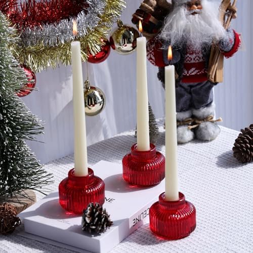 Woho Red Ribbed Taper Candle Holders Set of 4 for Christmas Decorations - Image 3