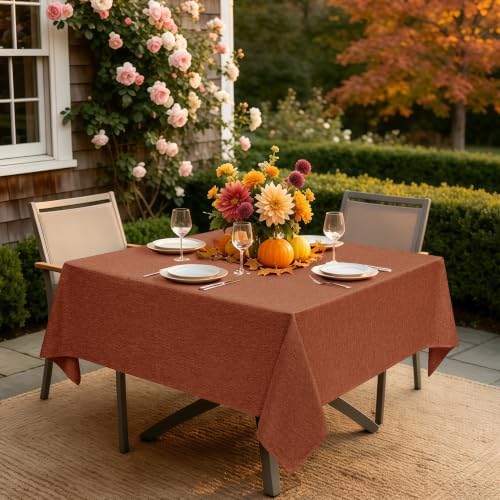 Decorelia Faux Linen Square Tablecloth for Dining Room,Waterproof Texture Decorative Farmhouse Table Cloth for Indoor Outdoor Party, Holiday, Banquet Picnics, Patio,70 x 70 Inch (Square),Burnt Orange - Image 2