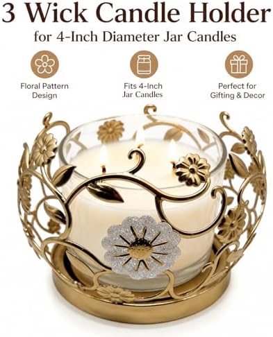 3 Wick Candle Holder, Fits 4 Inch Diameter Jar Candles, 5.75" D × 4.1" H Decorative Candle Stand for Home, Living Room, Bedroom, Office & Gifting (Floral Golden) - Image 4