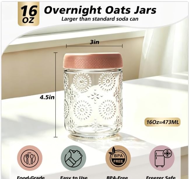6 PCS 16 oz Overnight Oats Containers with Lids, Glass jars with Airtight Lids,Wide mouth Mason Salad jars, Glass Food Storage Containers for Snacks Yogurt Spice Sugar Yogurt, Oatmeal, Salad, Spices - Image 3