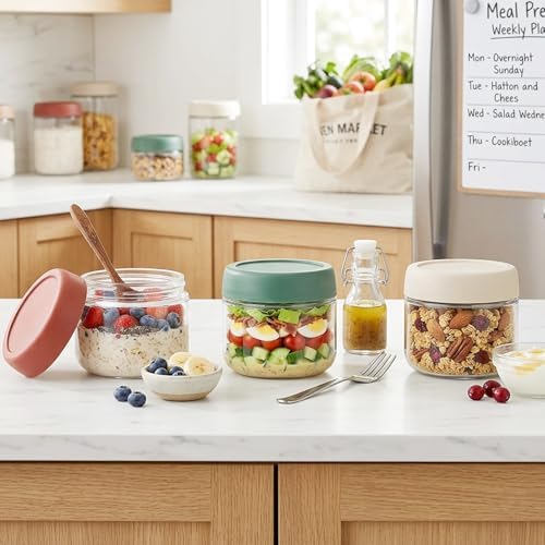 3Pack Overnight Oats Containers with Lids,10oz Glass Jar with Scew Lid,Salad Dressing Fruit Veggies Sauce Snacks Meal Prep Food Containers,Spice Jars,Wide Mouth Storage Containers - Image 3