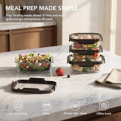 GENICOOK Glass Meal Prep Containers with Glass Lids, 4 Set Airtight Glass Food Storage Containers, Borosilicate Glass Lunch Containers for Healthy Meal Prep, Microwave Oven Dishwasher Safe, BPA Free - Image 3