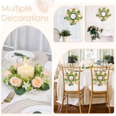 Champagne Rose Candle Rings with Flameless Candles Sets - 12PCS Artificial Flower Eucalyptus Wedding Centerpiece 3 Inch Pillar Candleholders Wreaths for Wedding Party (Champagne White-6 Sets) - Image 5