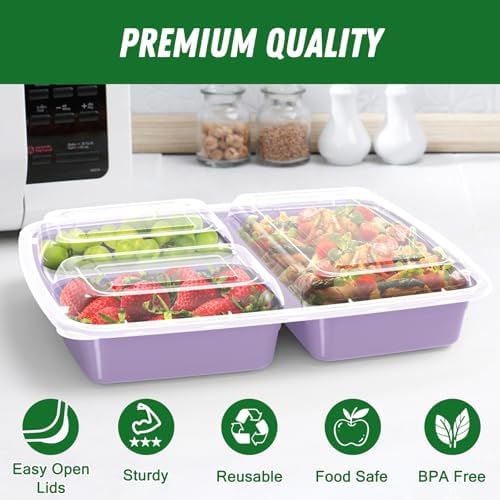 Dealusy 50 Pack 32 oz Meal Prep Containers with Lids 3-Compartment, Lilac - Image 3
