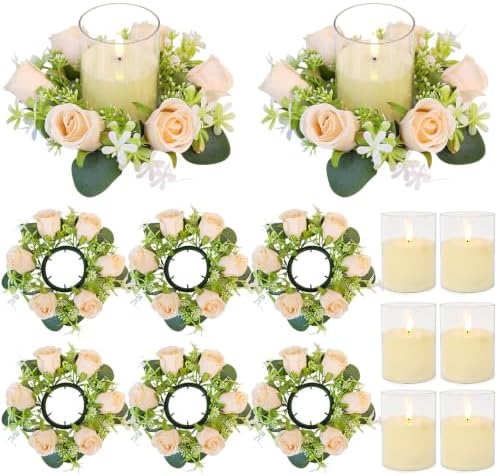Champagne Rose Candle Rings with Flameless Candles Sets - 12PCS Artificial Flower Eucalyptus Wedding Centerpiece 3 Inch Pillar Candleholders Wreaths for Wedding Party (Champagne White-6 Sets) by ACMEE