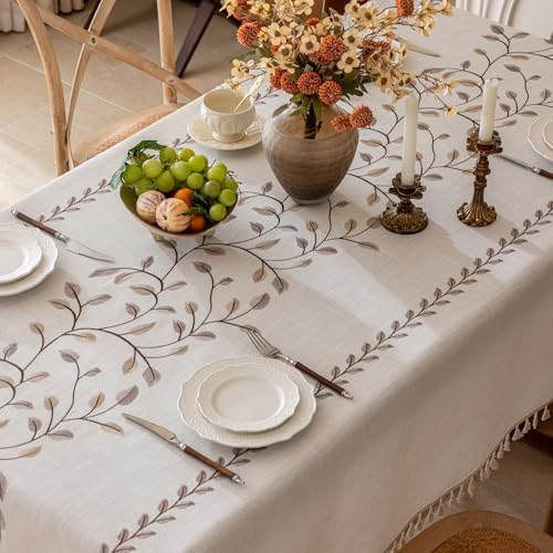 Joyfol Day Rectangle Linen Tablecloth, Heavy Duty Waterproof Tablecloths, Farmhouse Embroidery Leaves Table Cloth with Tassels, Soft Wrinkle Free Table Cover, Coffee Vines, 55''x 102'' - Image 3