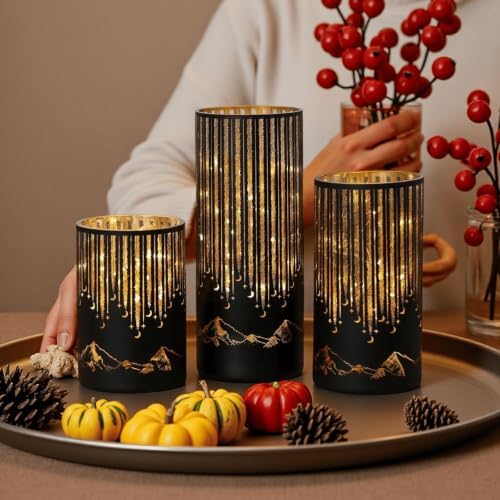 Starry Night Elegant Hurricane Candleholders with LED Flickering Lights & Remote Timer, Decorative Glass Hurricanes for Indoor Table Centerpieces & Year-Round Home Decor, Set of 3 (Black) - Image 3
