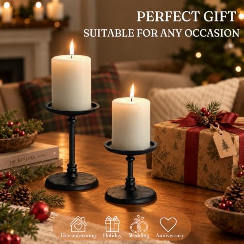 PERFNIQUE Cast Iron Pillar Candle Holders Set of 2, Black Candle Tray Stand - Image 5