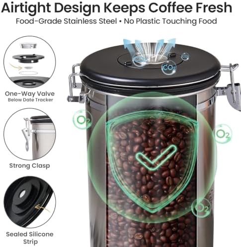 Veken Coffee Canister,39OZ, 2.2lbs,Large Airtight Stainless Steel Container Kitchen Food Storage Jars for Beans,Ground, Espresso, Rice,Tea, Sugar, Cereal, Gifts, Date Tracker, Scoop, Silver(Pack of 2) - Image 4