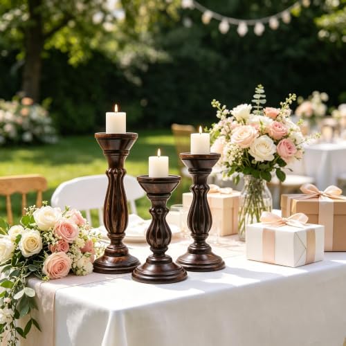 Hosley Set of 3 Dark Brown Wood Pillar Candle Holders 13 Inches 11 Inches and 9 Inches High Ideal for LED and Pillar Candles Gifts for Weddings Party Home Spa Reiki Aromatherapy - Image 2