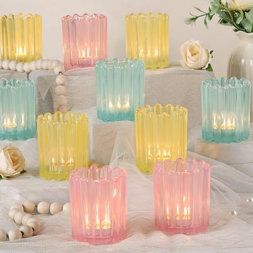 12PCS Glass Pink Votive Candle Holder, Blue Ribbed Votive Candle Holders by LOVELIGHTLOVELIFE