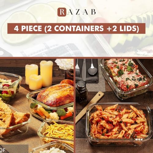 Razab 6.5 Cups / 52 Oz 4 Piece (2 Containers + 2 Lids) Glass Food Storage Containers Set with Airtight Locking Lids - For Storing, Baking & Serving BPA Free, Leakproof - Microwave, Freezer & Oven Safe - Image 5