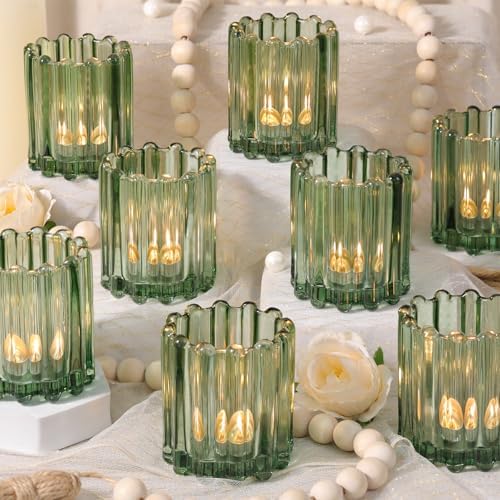 12PCS Glass Green Votive Candle Holder, Ribbed Tea Light Candles Holders by LOVELIGHTLOVELIFE