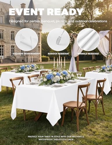 Decorelia White Waterproof Table Cloths for 4 Ft Rectangle Table-2 Pack, Washable Polyester Rustic Reusable Rectangular Table Cloth Cover for Wedding,Outdoor,Events, Party,Banquet, Dining, 60x84 Inch - Image 3