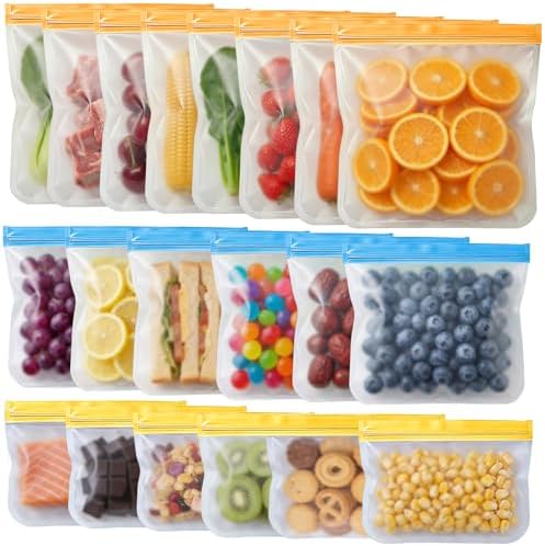 20 Pack Reusable Bags Dishwasher Safe, Leakproof Silicone Reusable Freezer Bags, Food Storage Bags BPA Free, Colored Baggies for Marinate Meats, Veggies, Salad Fruits (8 Gallon 6 Sandwich 6 Snack) by Anelueeoo