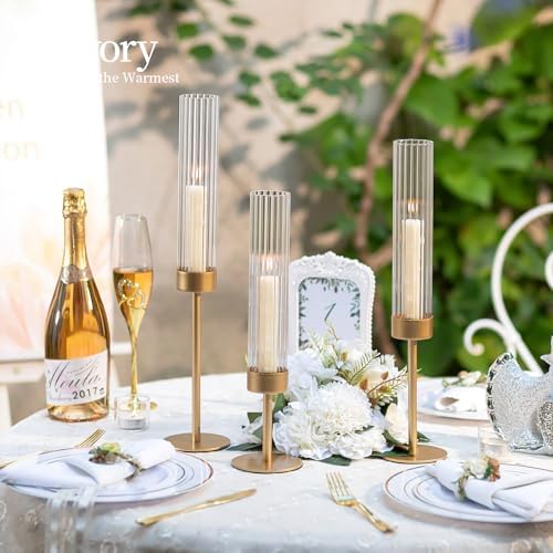 Hewory Gold Hurricane Candle Holders: 12 PCS Brass Tall Candlestick Taper Candle Holders Bulk for Candlesticks Candle Sticks Holder Decor for Table Centerpiece Wedding Party Christmas Decorations - Image 4