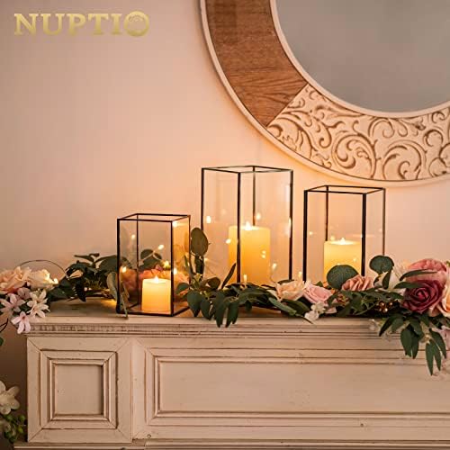 Nuptio Glass Candle Holders Hurricane Holder for Pillar Candles 6 Pcs Black Metal Candle Holders Large Rectangular Candleholder Vase Centerpieces Decoration for Wedding Fireplace 9.5 & 8.1 & 6.5 inch - Image 3