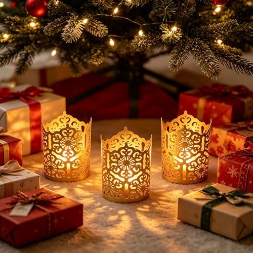 Hosley Set of 3 Gold Diamond Cut Candle Holders 4 Inches High Elevate Your Space with Elegant Metal Candle Holders in a Value Pack - Image 3