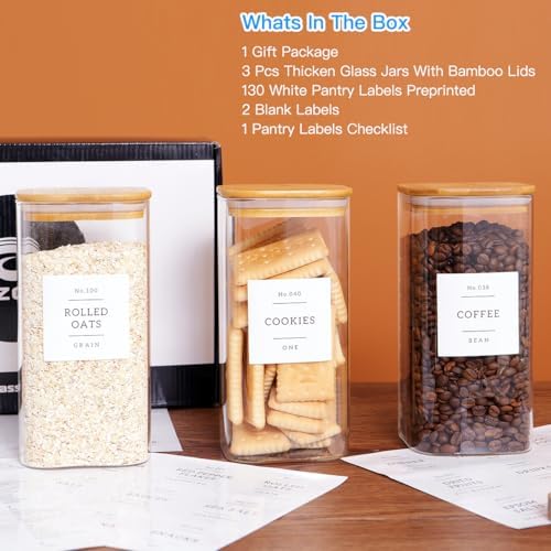 CZZGSM 3 Pack Square Glass Kitchen Storage Jars with Airtight Bamboo Lids and 132 Pantry Labels - 54oz Glass Canisters with Wood Lids - Food Storage for Sugar, Rice, Pasta, Cereal - Image 2