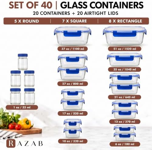 Razab 40 PC Set Glass Meal Prep Containers with Airtight Lids, Bento Boxes - Image 2