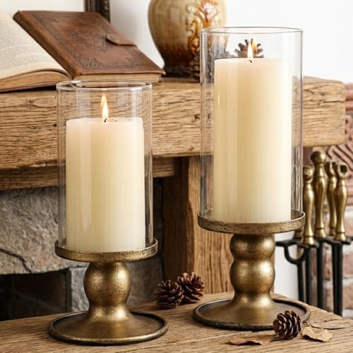 NITIME 2pcs Hurricane Candle Holder for Pillar Candles, Antique Brass Iron Candle Holders with Clear Glass Sleeve for Table Centerpieces, Pillar Candle Holders for Home, Wedding Decor by NITIME