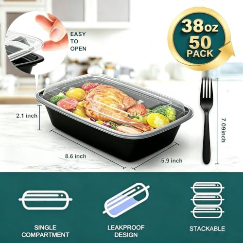 Meal Prep Containers 38OZ, 50 Pack +20 Forks, Leak Proof BPA Free - Image 2